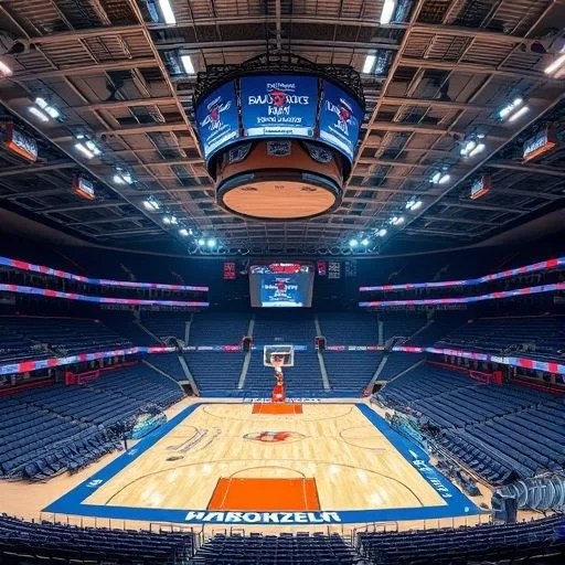 An abstract, close-up shot focusing on the intricate, glowing structural elements of a futuristic arena's interior. Imagine interlocking geometric patterns of brushed dark metal and transparent glass with electric blue and subtle purple light pulsating within. The perspective is dynamic, implying speed and energy. It should feel like a 'heartbeat' or 'nervous system' of the arena. Rendered with sharp focus, subtle glassmorphism effects, and dynamic lighting that creates deep shadows and vibrant highlights.
